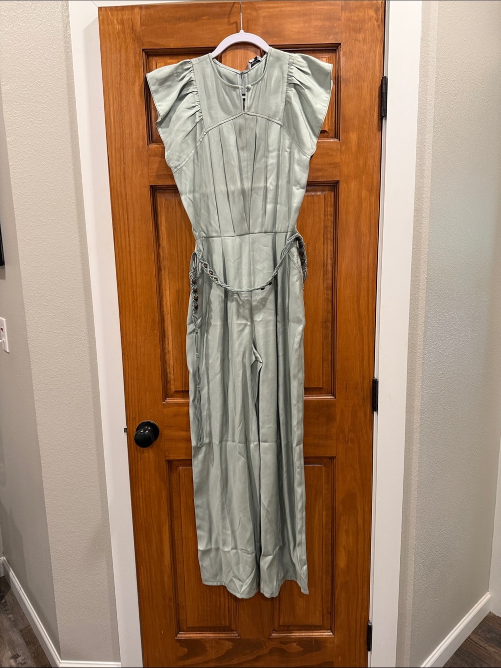 Current Air Sage Green Flutter-Sleeve Jumpsuit with Chain Detail